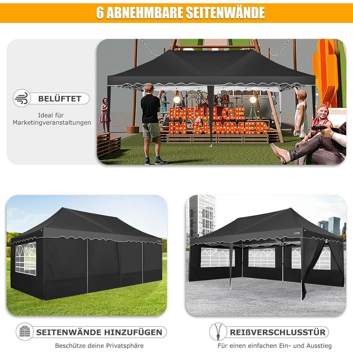 FALTPAVILLON 3x6m schwarz mit 6 Seitenwänden und 4 Sandsäcken - Schwarz, Metall (300/320/600cm)