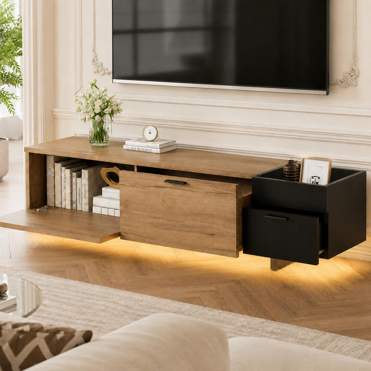 TV-ELEMENT 180/38/49 cm Schwarz mit offenen Fächern, 2 Schubladen und Stauraum - Schwarz, Holz (180/49/38cm) - Oxeza