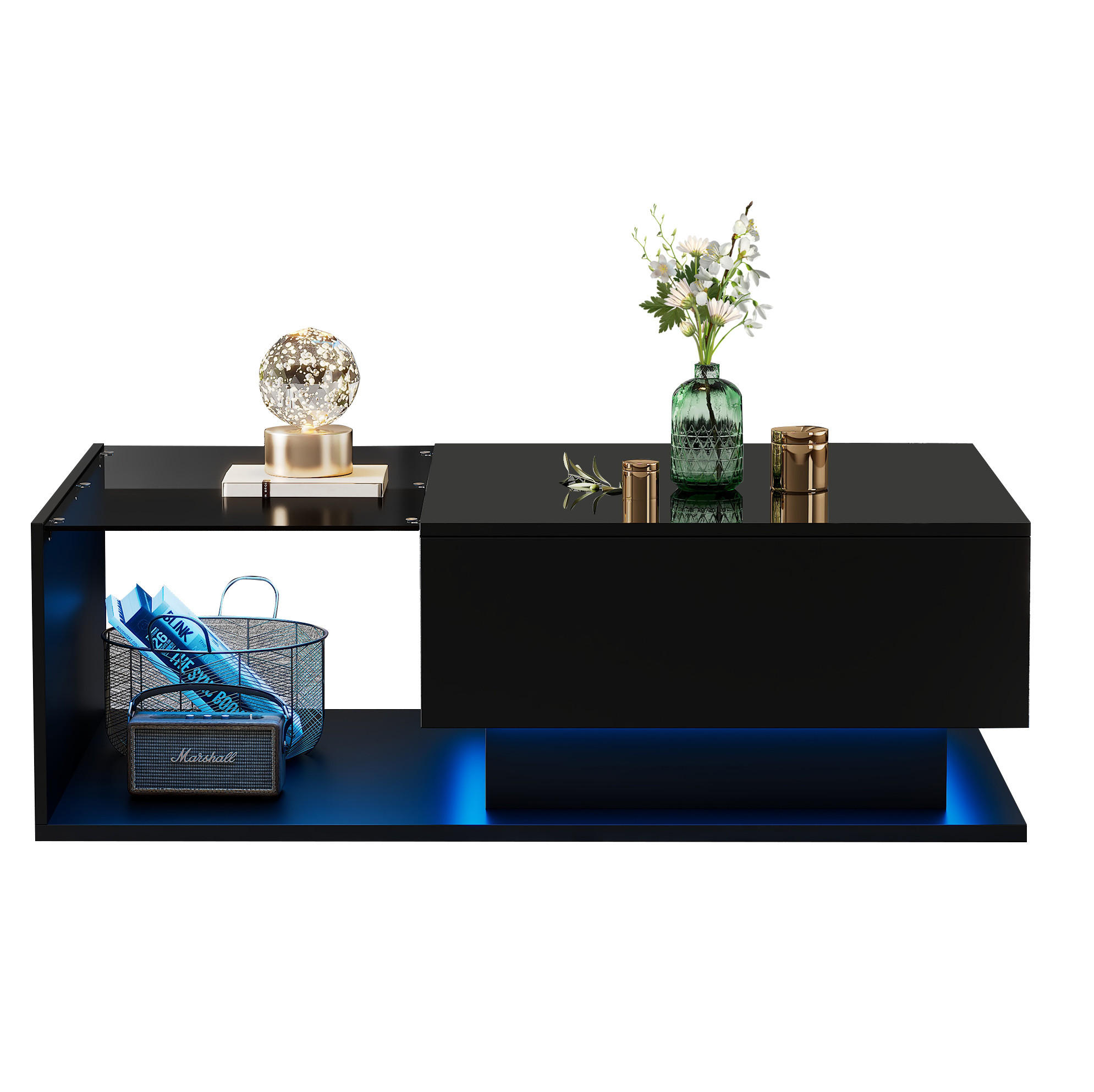 COUCHTISCH aus Spanplatte 100x50x32 cm in Schwarz mit Schublade & LED - Schwarz, Holzwerkstoff (100/50/32cm) - Modfu