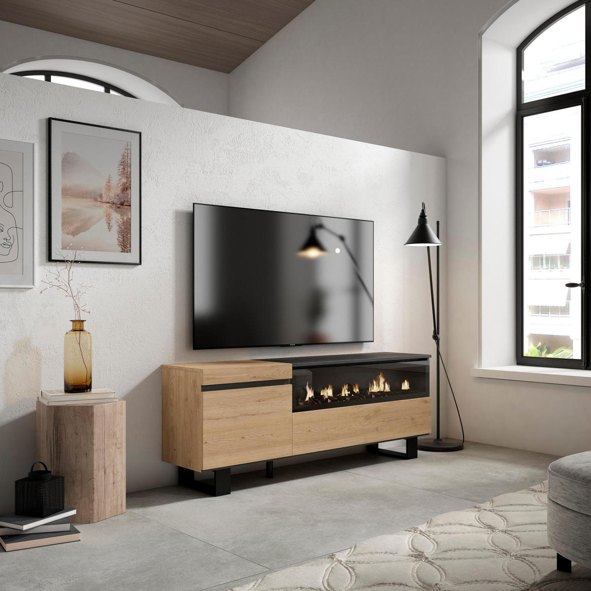 TV-SCHRANK eiche, schwarz, mit Elektrokamin, 150/35/57cm - Naturfarben, Holzwerkstoff (150/57/35cm) - Skraut Home