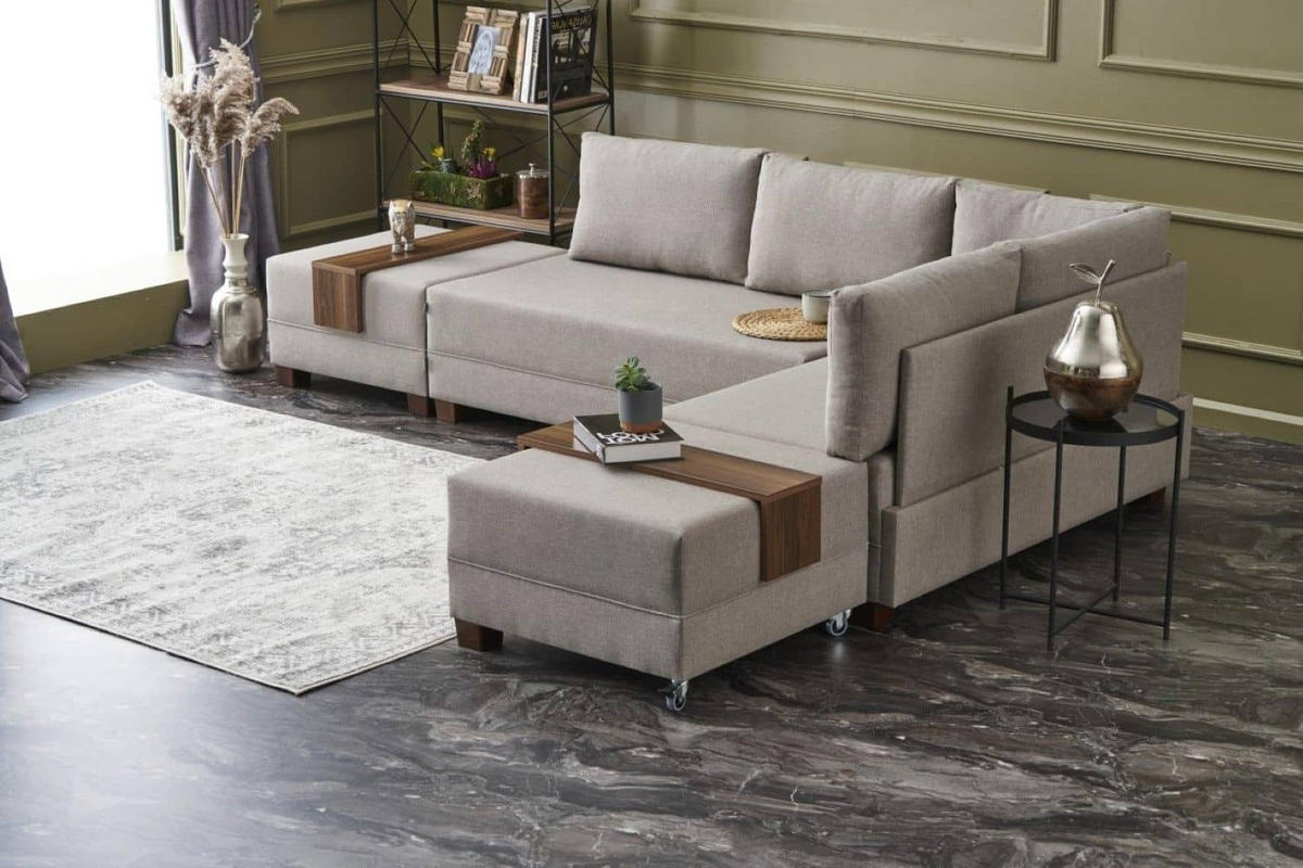 ECKSOFA mit rollbarer Schlaffunktion - Beige/Walnussfarben, Holz/Textil (210/280cm) - myHomelando
