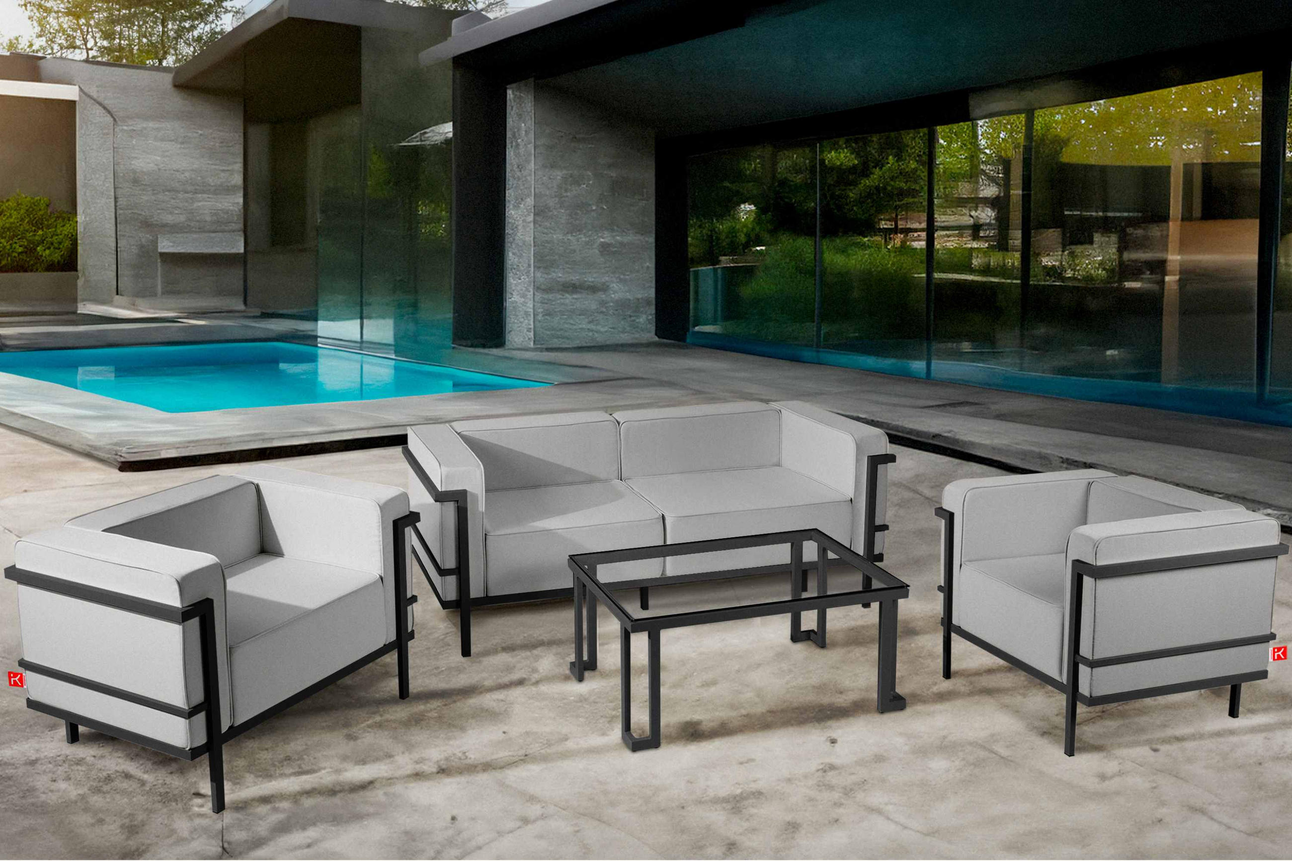 GARTENLOUNGE-SET TRIGLO 4-tlg., 1x Tisch, 2x Sessel, 1x Sofa 2-Sitzer, Modern, Dunkelgrau/Hellgrau - Dunkelgrau/Hellgrau, Textil/Metall - KONSIMO®