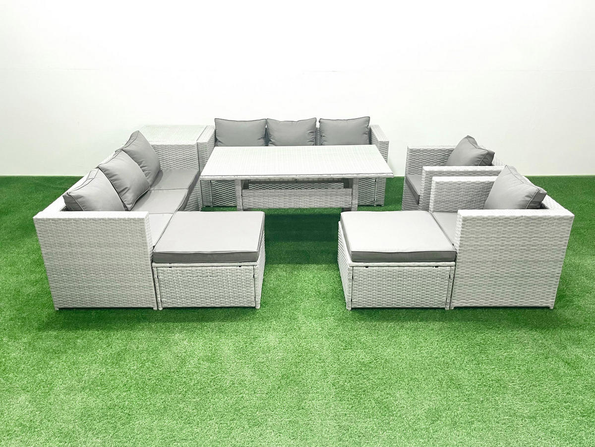 GARTENMÖBEL SET mit 3-Sitzer-Sofa und 2 Stühle, Esstisch,2 Großer Hockern,Beistelltisch Polyrattan Hellgrau 10-Sitzer - Hellgrau/Grau, Glas/Kunststoff - Fimous