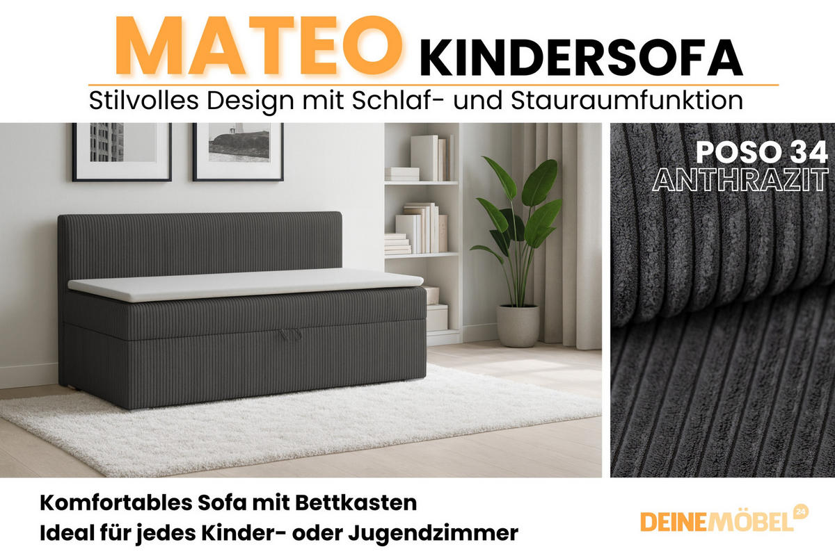 BOXBETT MATEO 90/200 Anthrazit mit Taschen-Federkernmatratze H4 - Dunkelgrau, Holz/Holzwerkstoff (90/200cm) - Deine Möbel 24