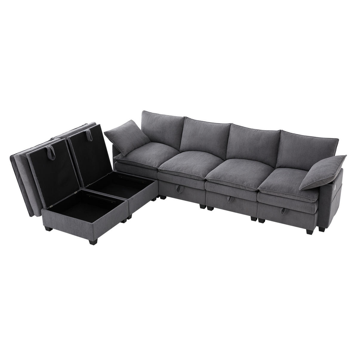 SOFA Modulares L-förmiges mit Fußhockern und USB-Anschlüssen Cord Grau 280/151/82 cm - Grau, Textil (280/151cm) - OKWISH