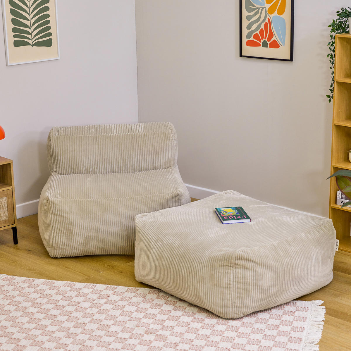 SITZSACK-SOFA 2-tlg.: Ecksessel, Fußstütze - Beige, Textil (550/46/95cm) - icon