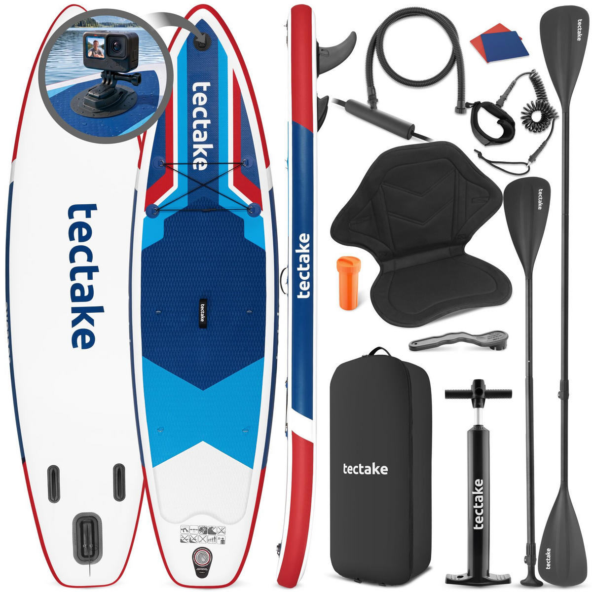 STAND UP PADDLE BOARD Poseidon, Belastbarkeit 200 kg, inklusive Kajak-Sitz, rot/blau - Rot, Kunststoff (320/84/0.4cm) - tectake