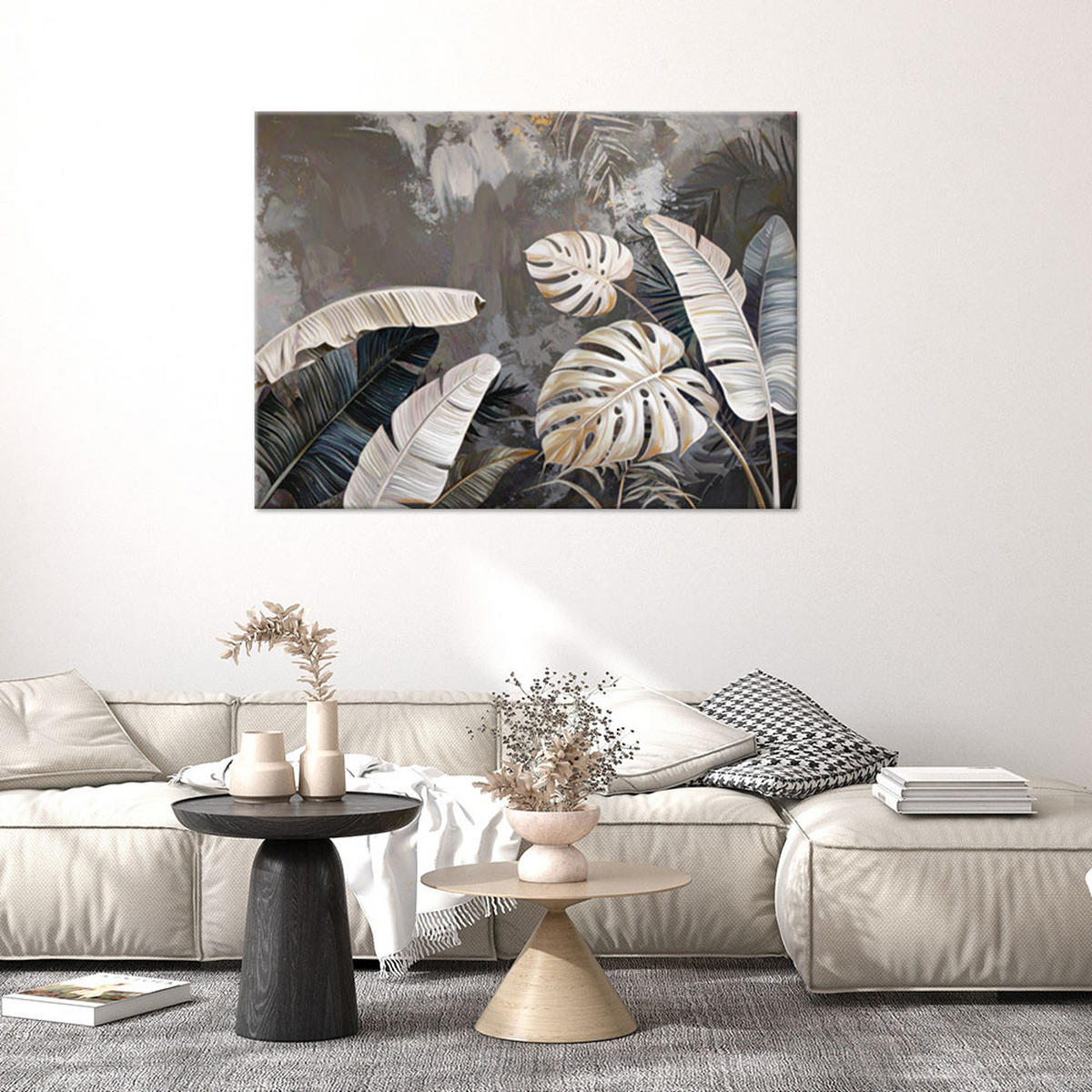 BILDER, Monstera- und Bananenblätter auf grauem Hintergrund - Grau, Textil (120/80cm) - Feeby