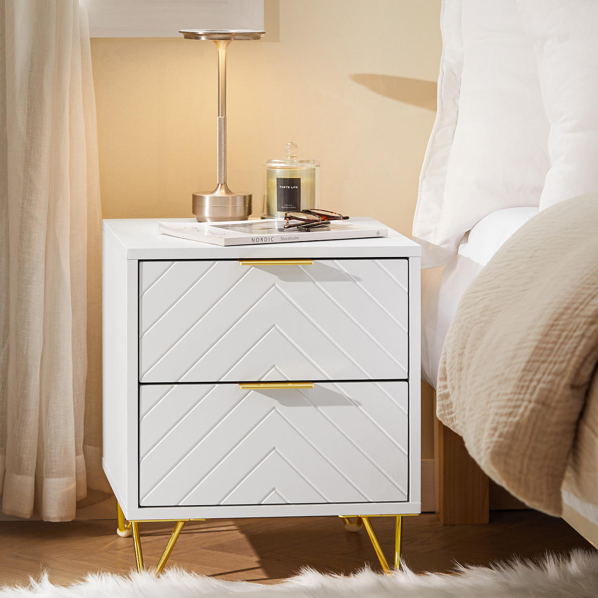 NACHTTISCH Weiß - Weiß, Holzwerkstoff/Metall (40/47/42cm) - SoBuy