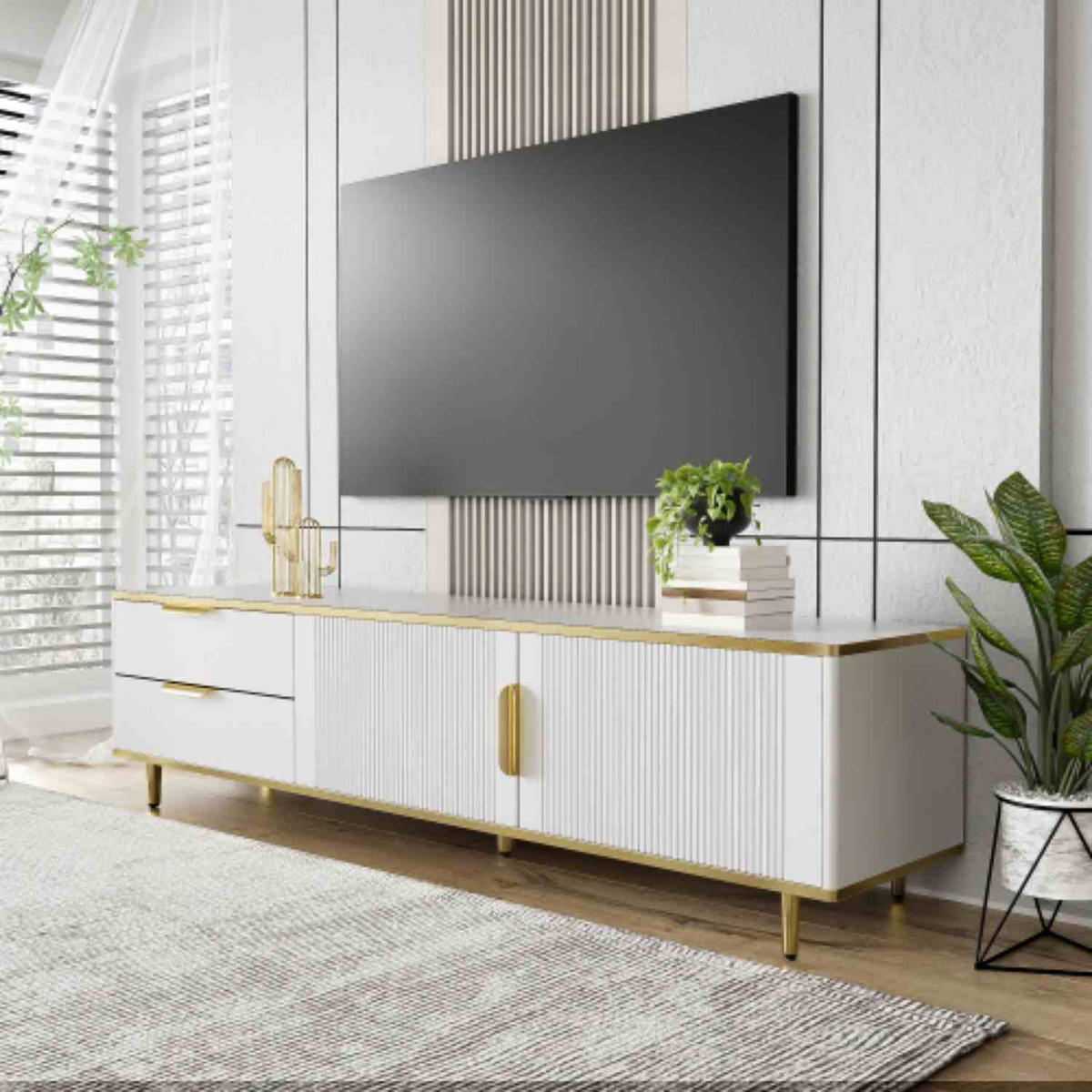 TV-SCHRANK in Weiß und Gold mit 2 Schubladen und 2 Türen 170/37/45 cm - Weiß, Holzwerkstoff (170/45/37cm) - Redom