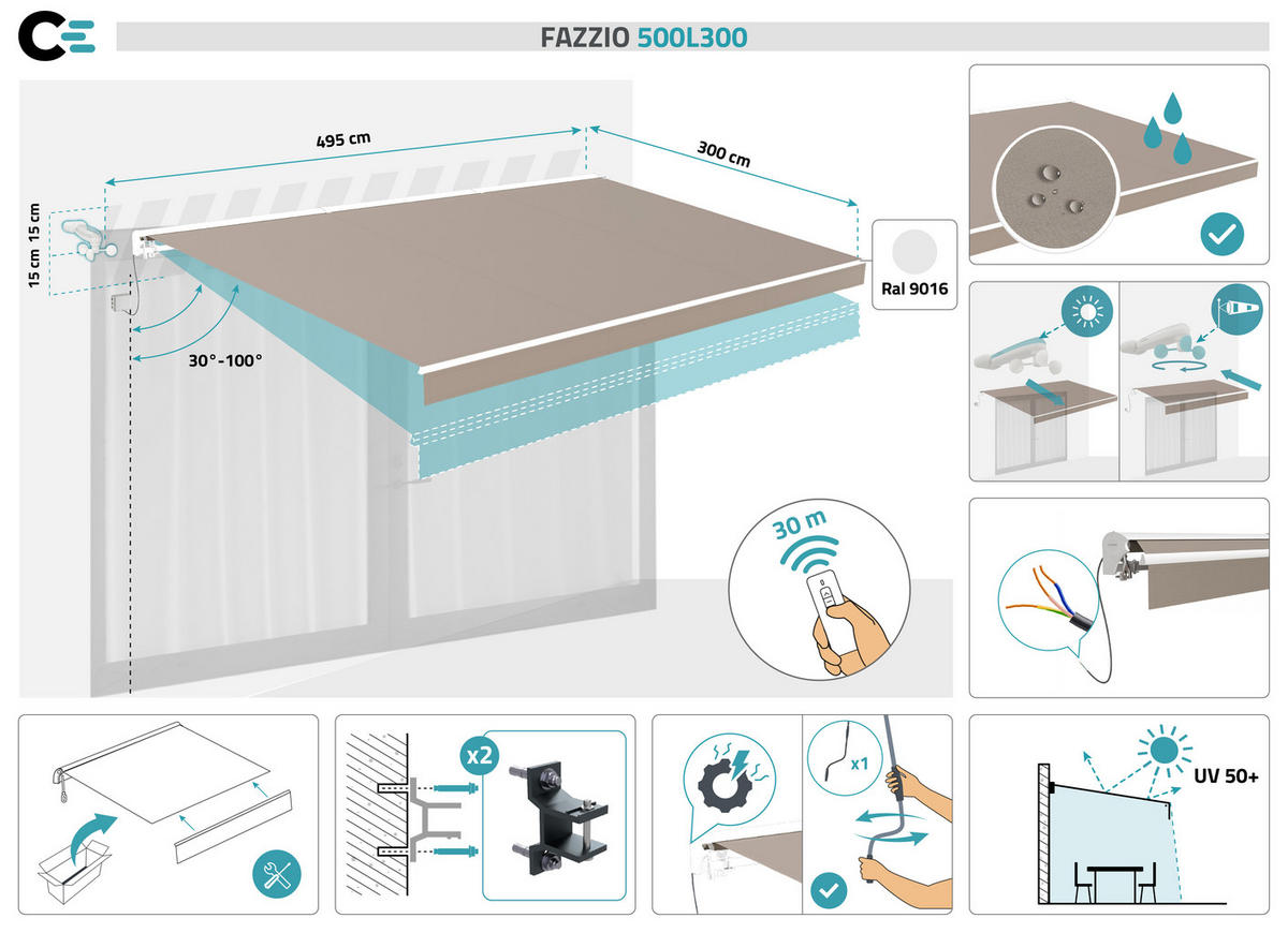 HALBKASSETTENMARKISE Fazzio Struktur weiß - leinwand Taupe 5x3m motorisierte - Premium-Leinwand 320g/m² - Taupe, Metall (495/218/300cm) - Cazeboo