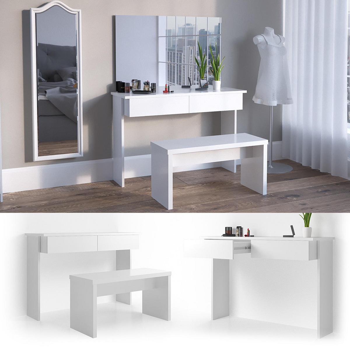 SCHMINKTISCH Azur Weiß 120 cm ohne Spiegel, mit Bank - Weiß, Holzwerkstoff (40/120/83cm) - Vicco