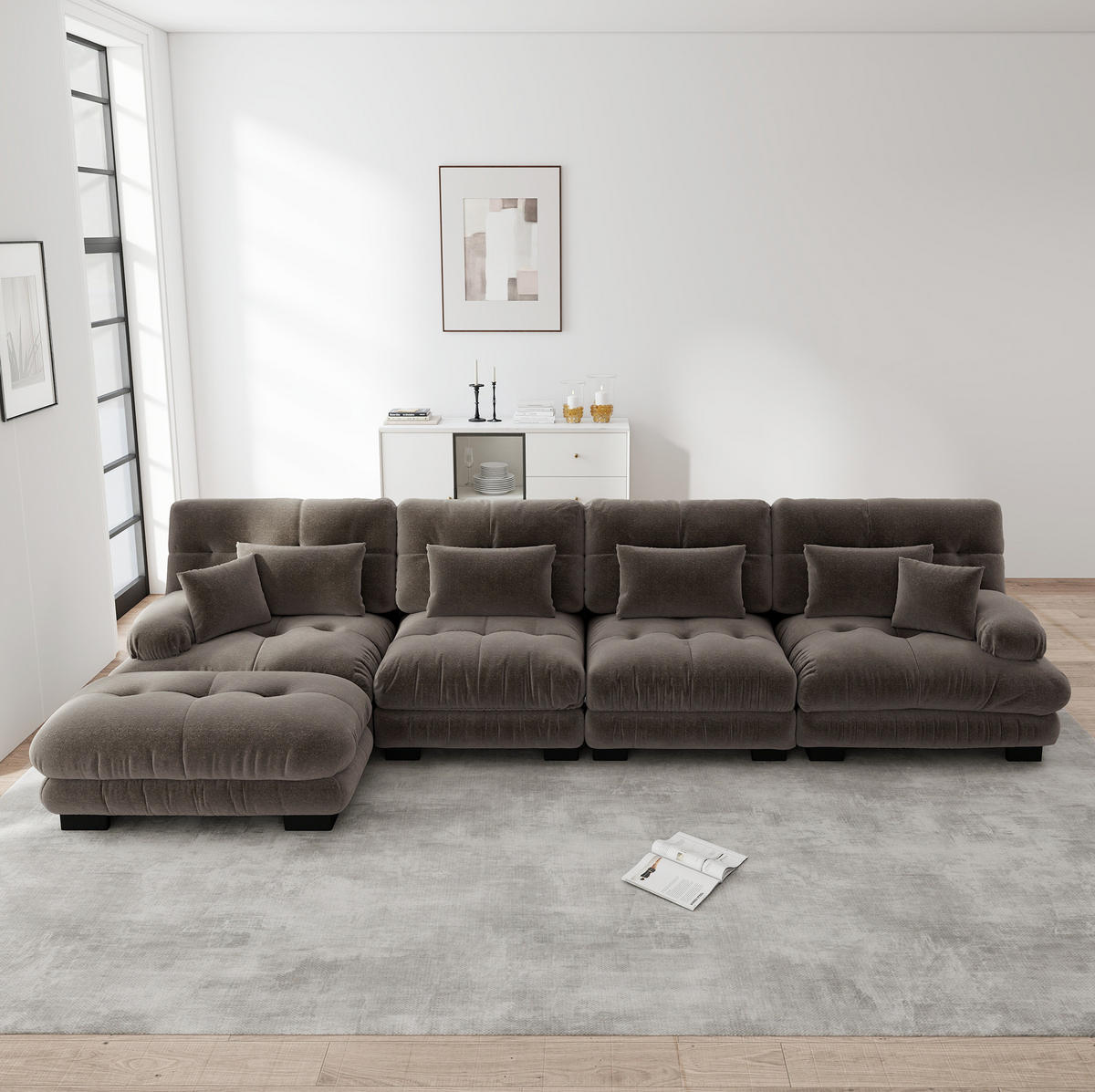 ECKSOFA aus Chenille 406x145x81 cm in Braun mit beweglichem Ottoman - Braun, Textil (145/81/406cm) - Modfu