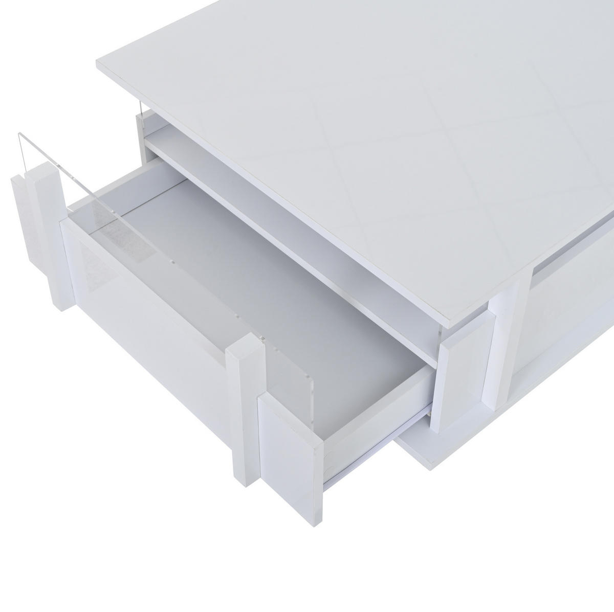 COUCHTISCH in Weiß Sofatisch Hochglanz mit 2 Schubladen, LED & Acryl-Trennwand, Sofatisch für Wohnzimmer,B70/T70/H35cm - Weiß, Holzwerkstoff/Metall (70/70/35cm) - STILVORA