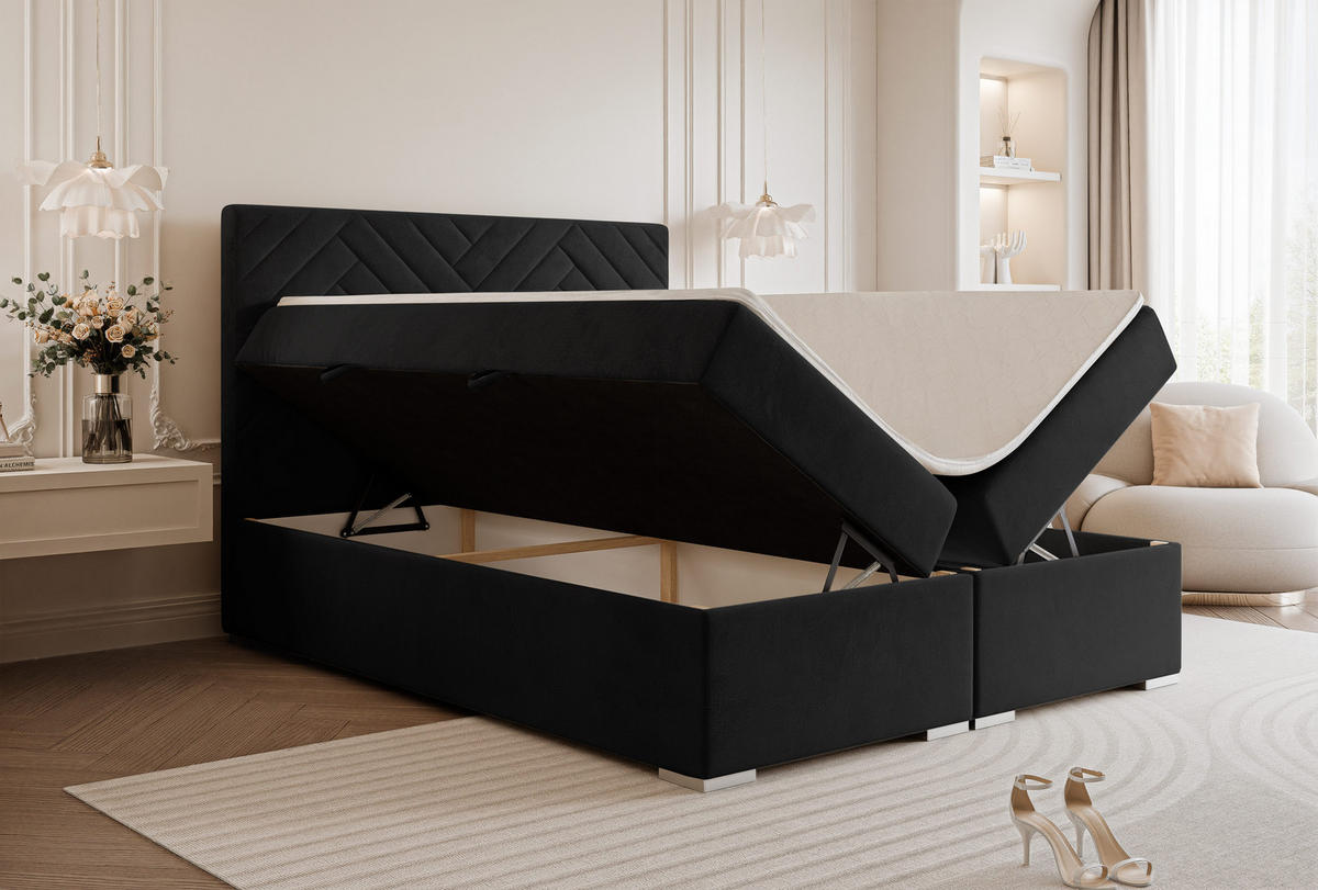 BOXBETT NEREA 160/200 cm mit Matratze und Topper, Schwarz - Schwarz, Textil (160/200cm) - Idohome