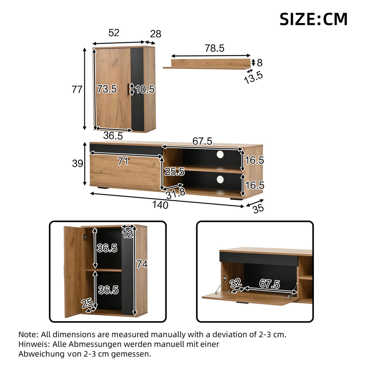LOWBOARD TV-Möbel-Set 140/35/39 cm aus Spanplatte mit Sanftschluss-Scharnieren Eichefarben/Schwarz - Naturfarben, Holzwerkstoff (140/39/35cm) - Modenvie