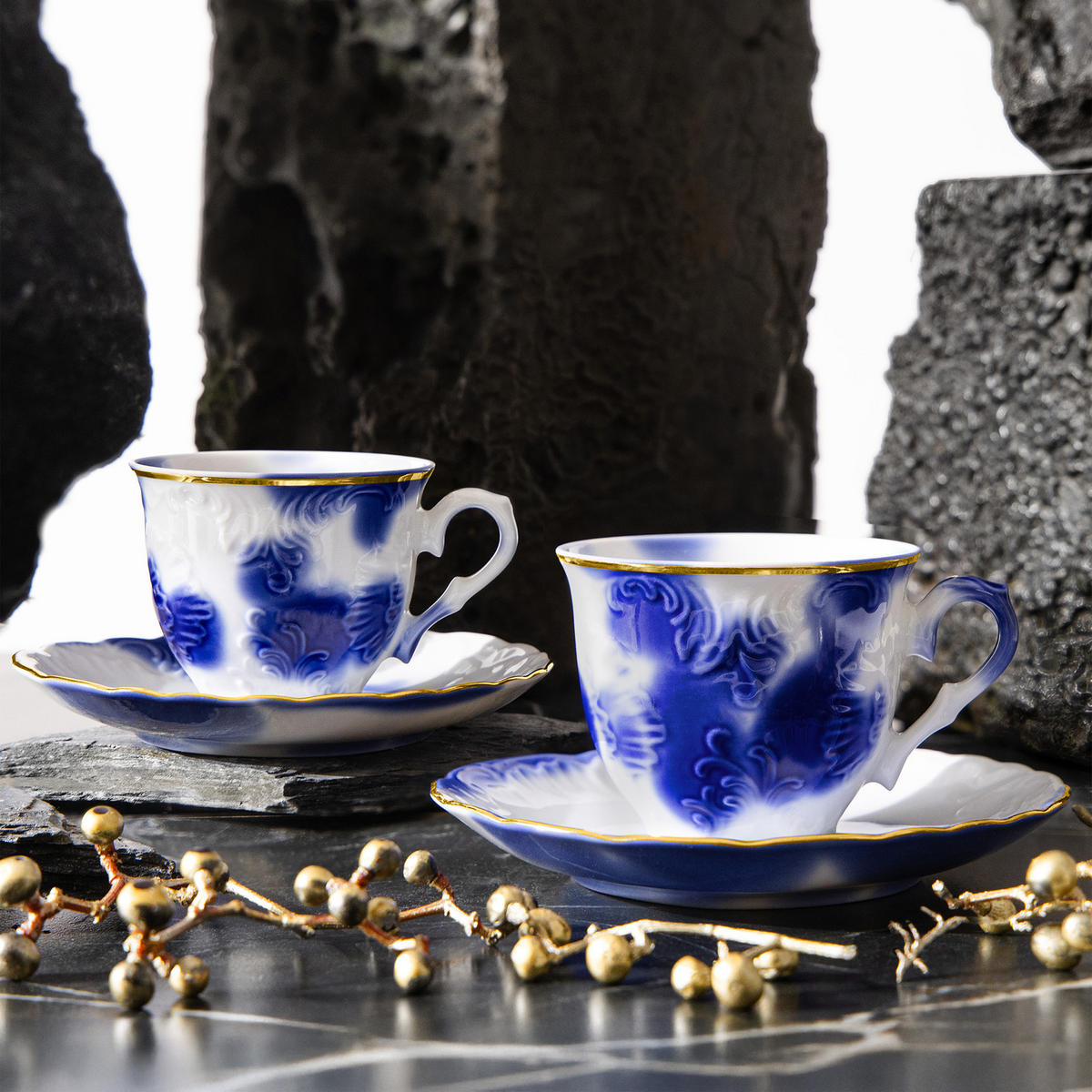 KAFFESERVICE CMIELOW ROCOCO Kaffetassen-Set - Blau/Weiß, Keramik (12.5/6/12.5cm) - KONSIMO®