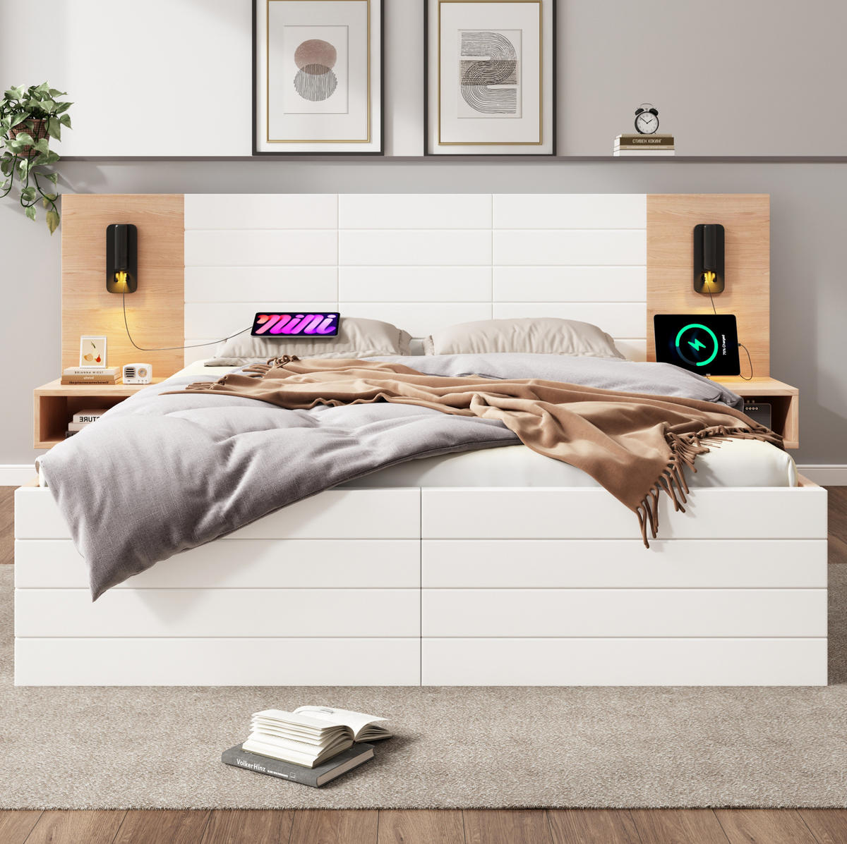 KREVET 160/200 cm s LED rasvjetom, USB priključkom i ladicama, masivno drvo i MDF, Bijela i svijetli hrast - bijela, drvni materijal (160/200cm) - Redom