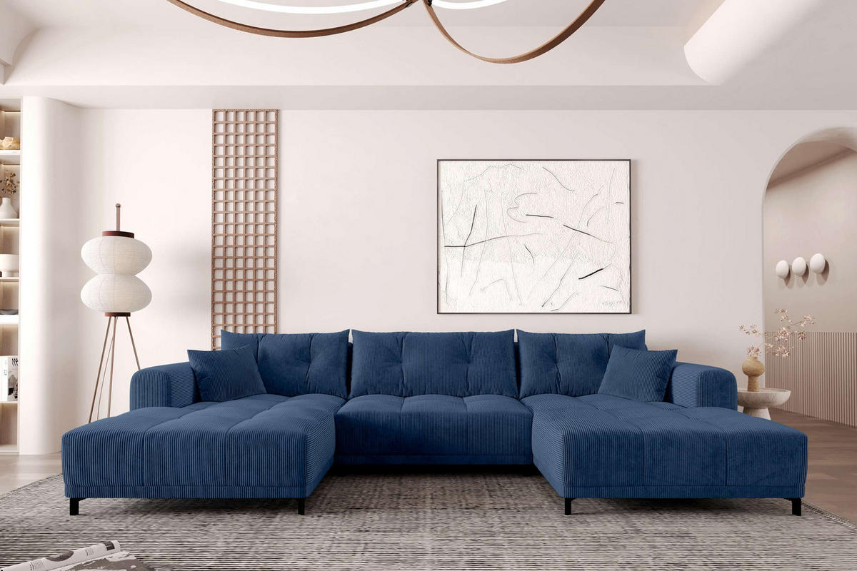 WOHNLANDSCHAFT Massimo Cordstoff Blau inkl. Schlaffunktion - Blau/Schwarz, Textil/Metall (356/94/181cm) - 99rooms