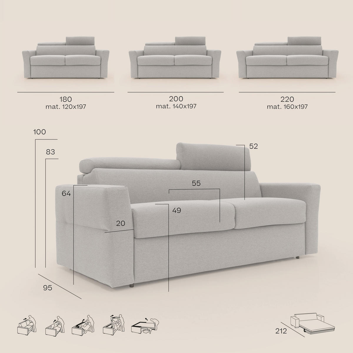 SCHLAFSOFA Avalon - Beige, Textil (180/100/95cm) - Divani.store