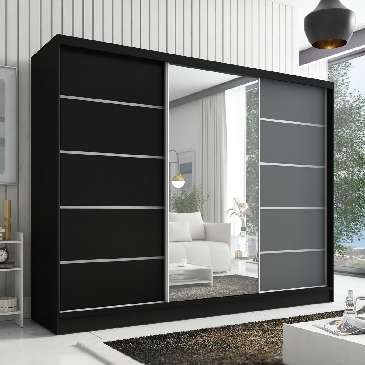 SCHWEBETÜRENSCHRANK 200 cm AURELIA 1 Farbe: Schwarz, Schwarz, Graphit - Schwarz/Graphitfarben, Holzwerkstoff (200/215/60cm) - A&J MöbelLand