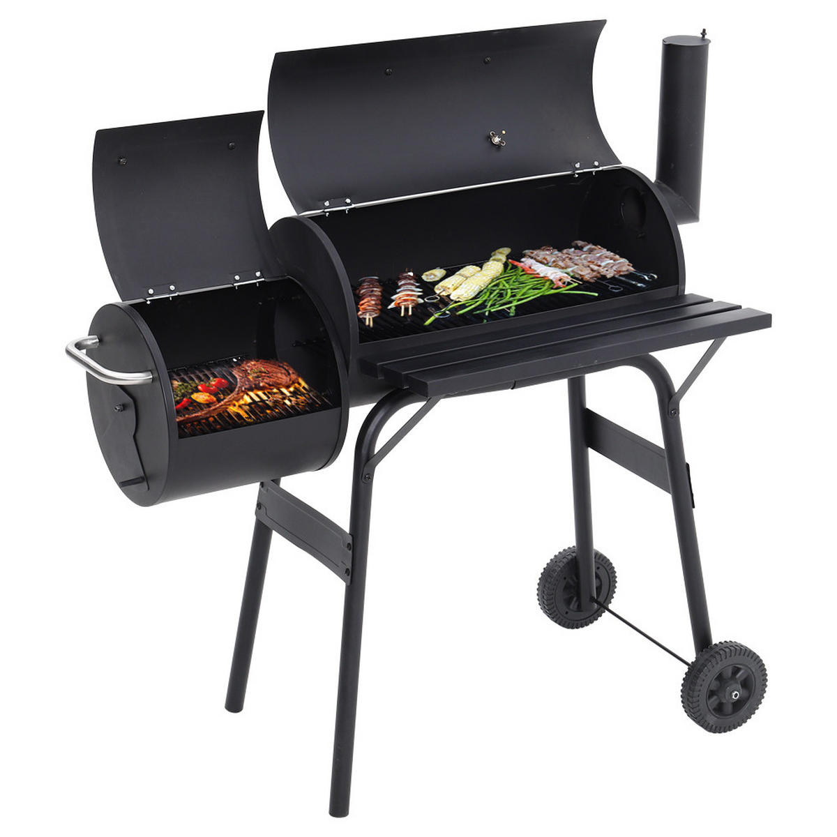 HOLZKOHLEGRILL Camping Smoker Grill 2-in-1 Design 3 Grillroste Seitentisch mit Rädern Schwarz ideal für Garten & Picknick - Schwarz, Metall (53/114/115cm) - Livingandhome