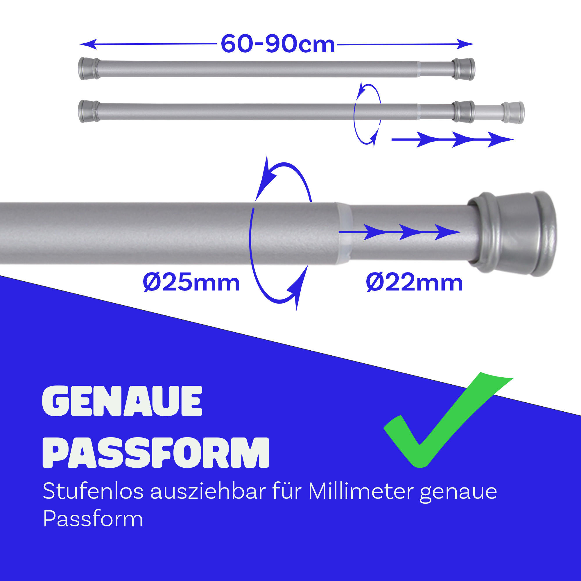 VERSTELLBARE Vorhangstange - Spannstange zum Klemmen Silber Ø22/25 mm 60-90 cm - Silberfarben, Metall (60cm) - Bestlivings
