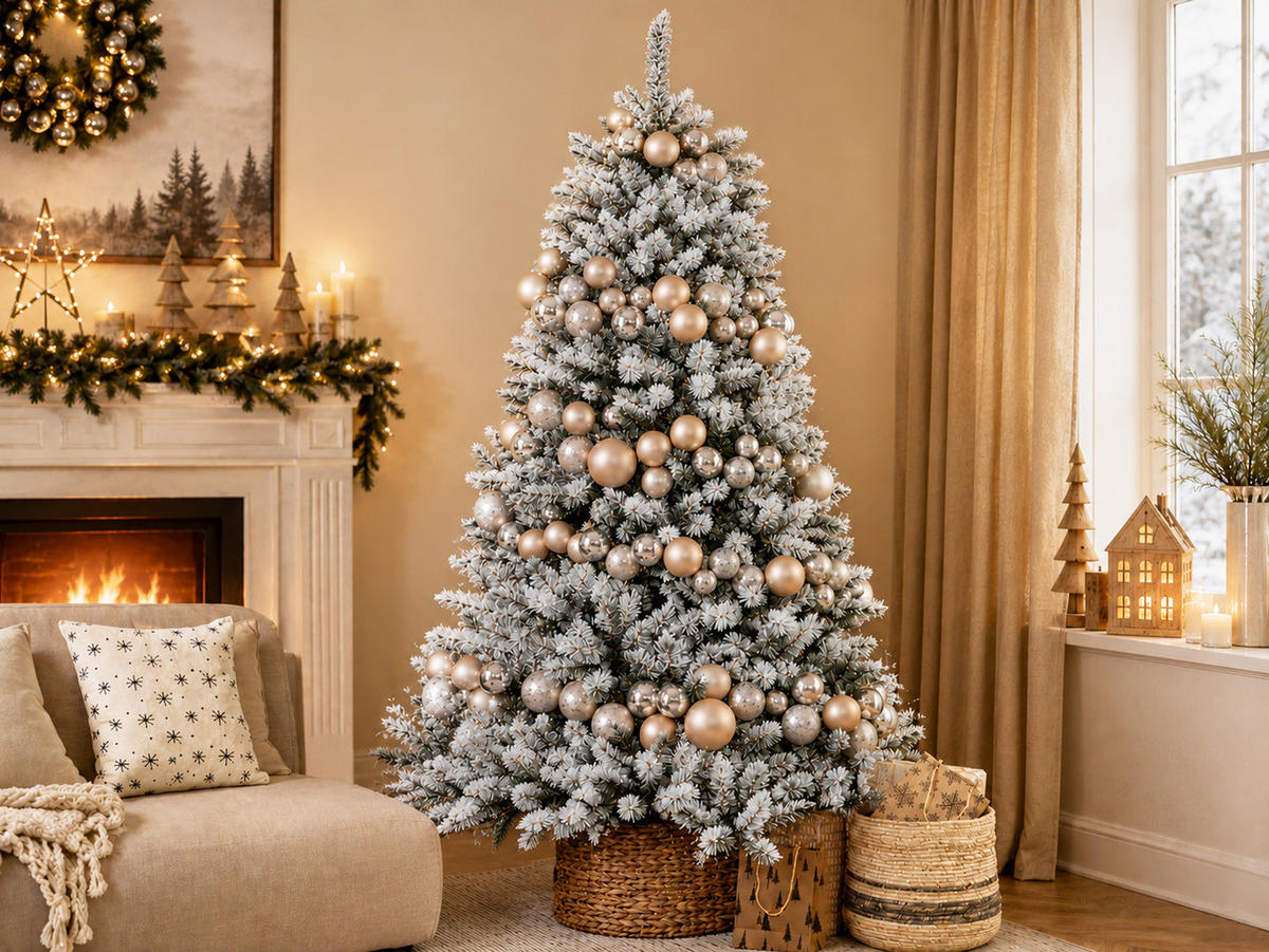 WEIHNACHTSBAUM künstlicher 210 cm – KÖNIGSCHAMPAGNE, geschmückt mit 240-teiligem Weihnachtsbaumschmuck, inkl. Ständer - Champagner/Silberfarben, Kunststoff/Metall (127/210cm) - LAALU