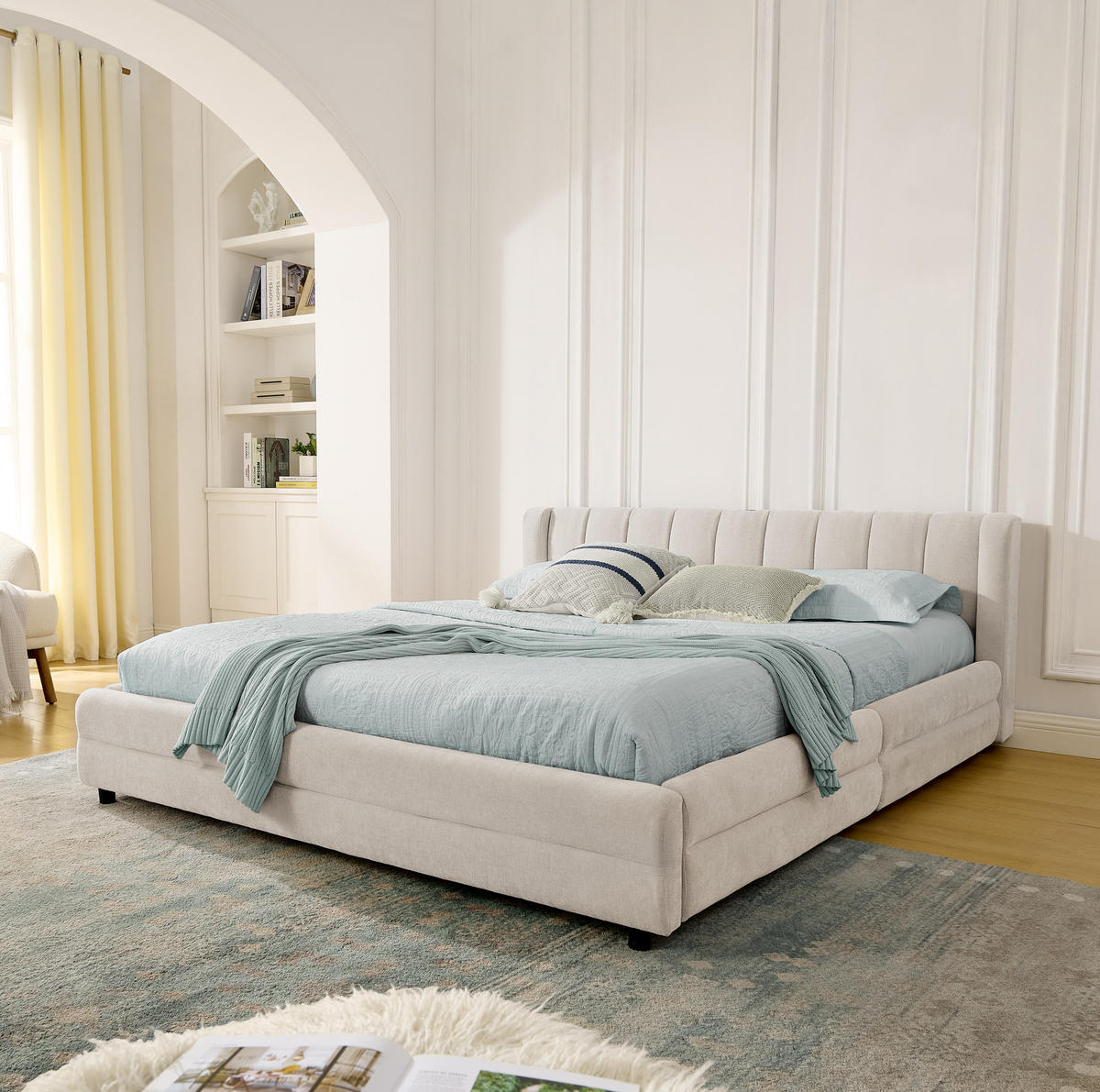 BETT mit 4 Schubladen und USB 140x200 cm Chenille Beige - Beige, Holz (140/200cm) - Meubliv