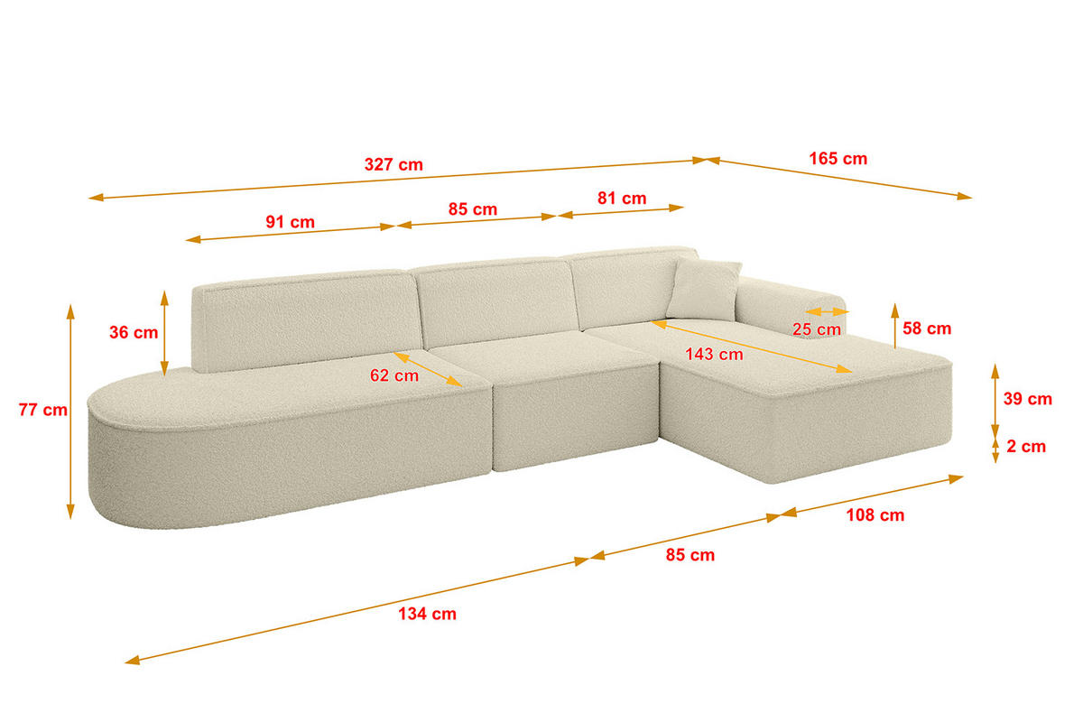 ECKSOFA Ottomane Rechts IREA-L2-v3 - 327x165x77 cm Beige - Creme, Holzwerkstoff/Textil (327/165cm) - ALTDECOR