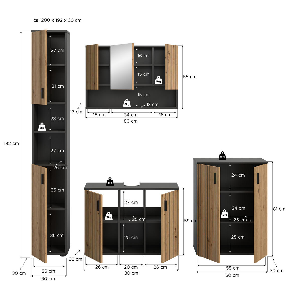 BADMÖBEL-SET Eiche Artisan, grau 4-teilig 200 cm, Badkombination mit viel Stauraum - Schwarz/Eiche Artisan, Glas/Holzwerkstoff (200/192/30cm) - Inn.Furn