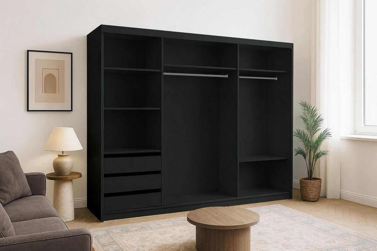 KLEIDERSCHRANK Karo 250 Schwarz, dreitüriger Schiebeschrank mit Spiegel - Schwarz, Holzwerkstoff (250/216/62cm) - Bettso
