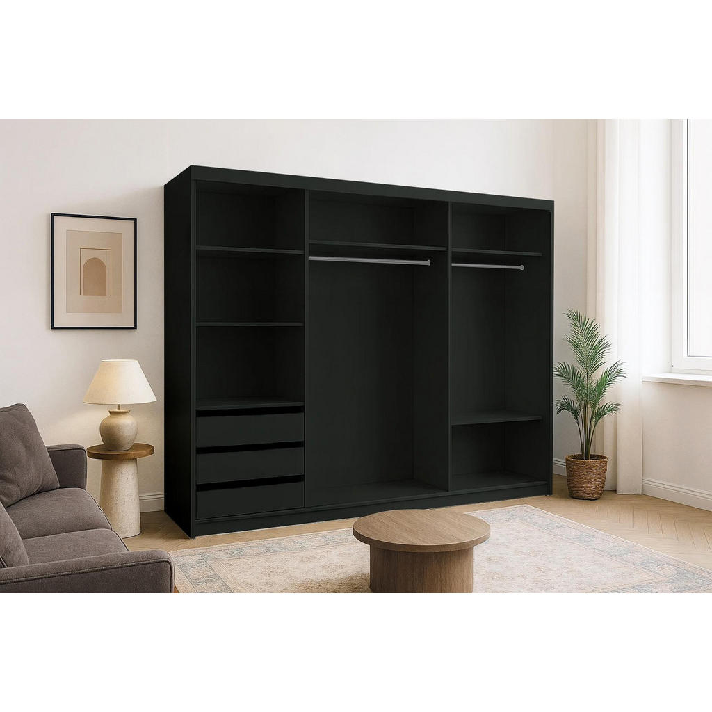 Thumbnail - Bettso Kleiderschrank, Schwarz, Holzwerkstoff, 5 Fächer, 3 Schubladen, 250x216x62 cm, Schlafzimmer, Kleiderschränke, Sch...