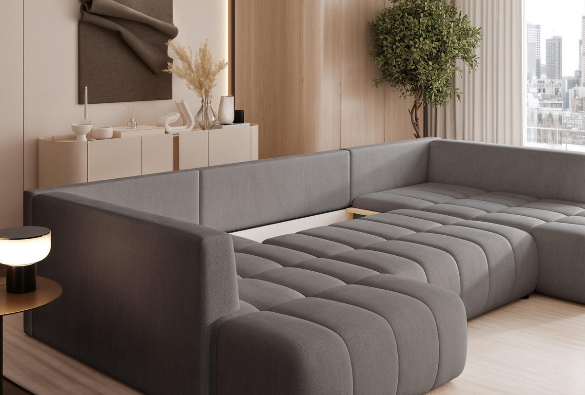 WOHNLANDSCHAFT STONE mit Schlaffunktion und Bettkasten, Stoff Grau - Dunkelgrau, Kunststoff/Textil (350/91/190cm) - Idohome