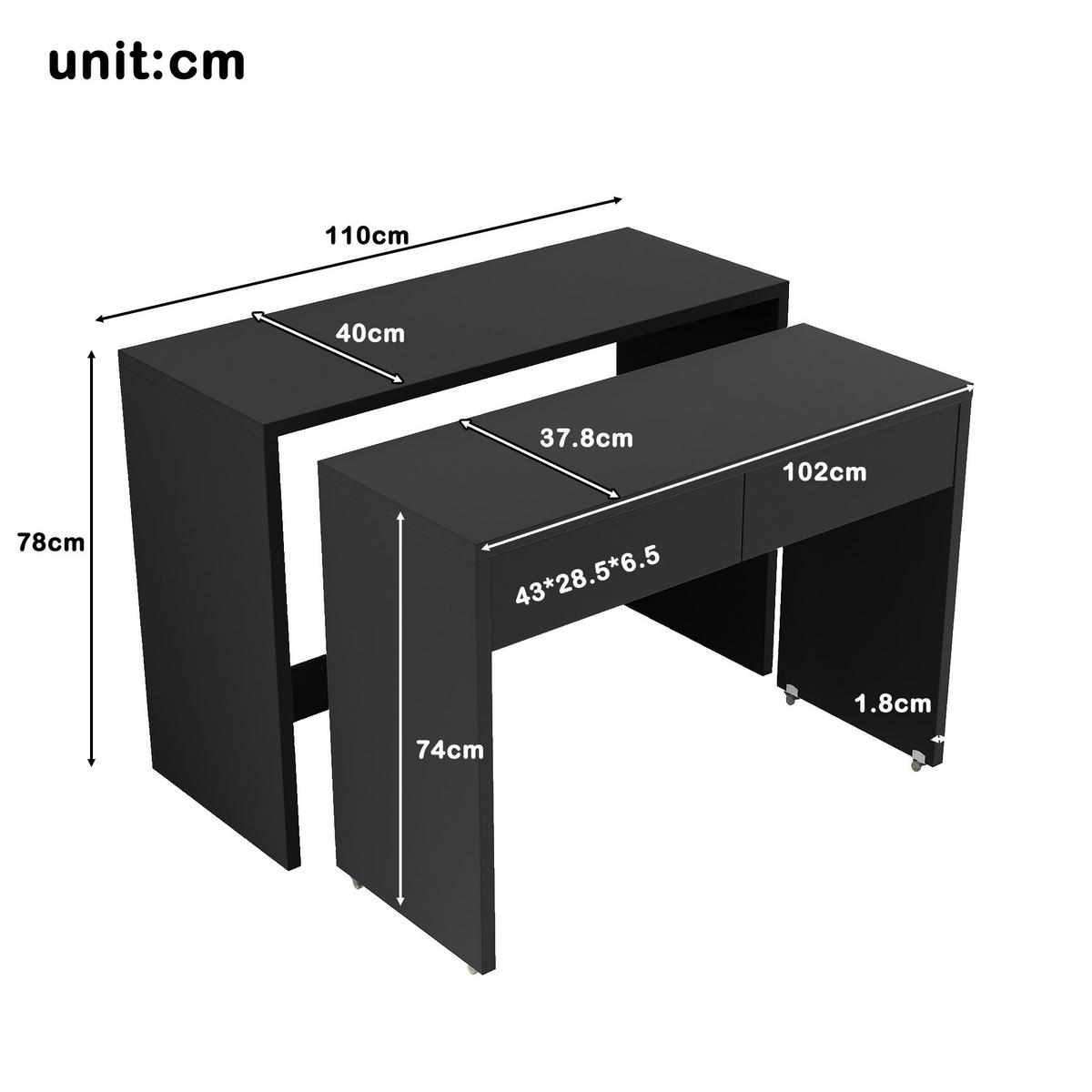 SCHREIBTISCH 2-in-1 Kommode ausziehbar Rollen Holz 1,8 cm modern - Schwarz, Holzwerkstoff (110/40/78cm) - FLIEKS
