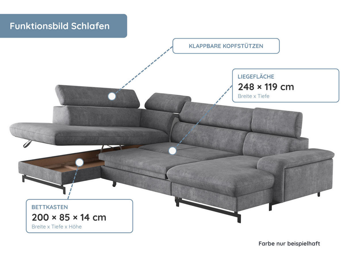 WOHNLANDSCHAFT Vaasa mit Schlaffunktion - Grau, Kunststoff/Textil (328/81/215cm) - foamnova
