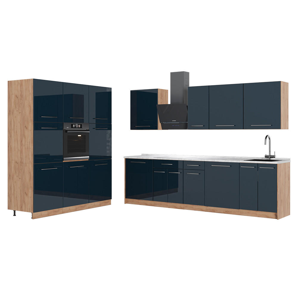 KÜCHENZEILE Fame-Line, Dunkelblau Hochglanz/Goldkraft Eiche, 460 cm, AP Marmor - Honigeiche/Dunkelblau, Holzwerkstoff (460/206.8/60cm) - Vicco
