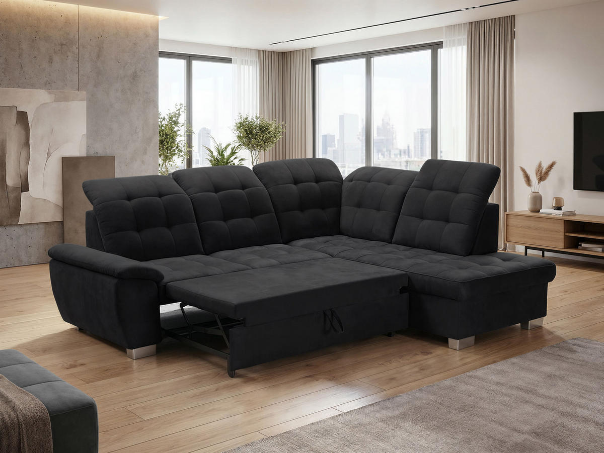 ECKSOFA LENO Rechts, mit Schlaffunktion und Bettkasten, Schwarz - Schwarz, Kunststoff/Textil (261/220cm) - Idohome