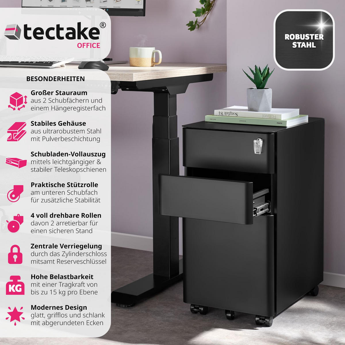 AKTENROLLSCHRANK Parvus,30 x 50 x 59,5 cm,schwarz - Schwarz, Textil (30/59.5/50cm) - tectake
