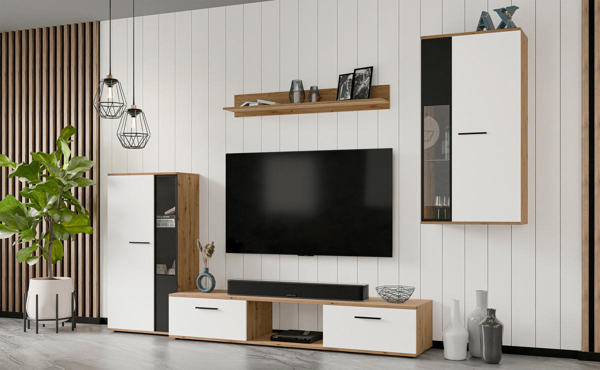 WOHNWAND Formilo Eiche, Artisan Weiß 294/180/40 cm Hochwertige TV Wohnwand - Hellbraun/Weiß, Holzwerkstoff/Kunststoff (294/180/40cm) - AX Living