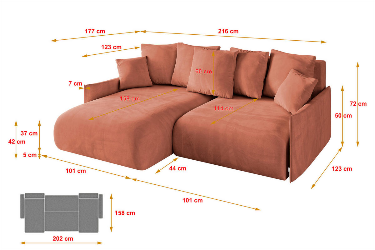 ECKSOFA Ottomane links ONESK-L -v1 216x177x72 Apricot Velours - Koralle, Holzwerkstoff/Kunststoff (216/177cm) - ALTDECOR