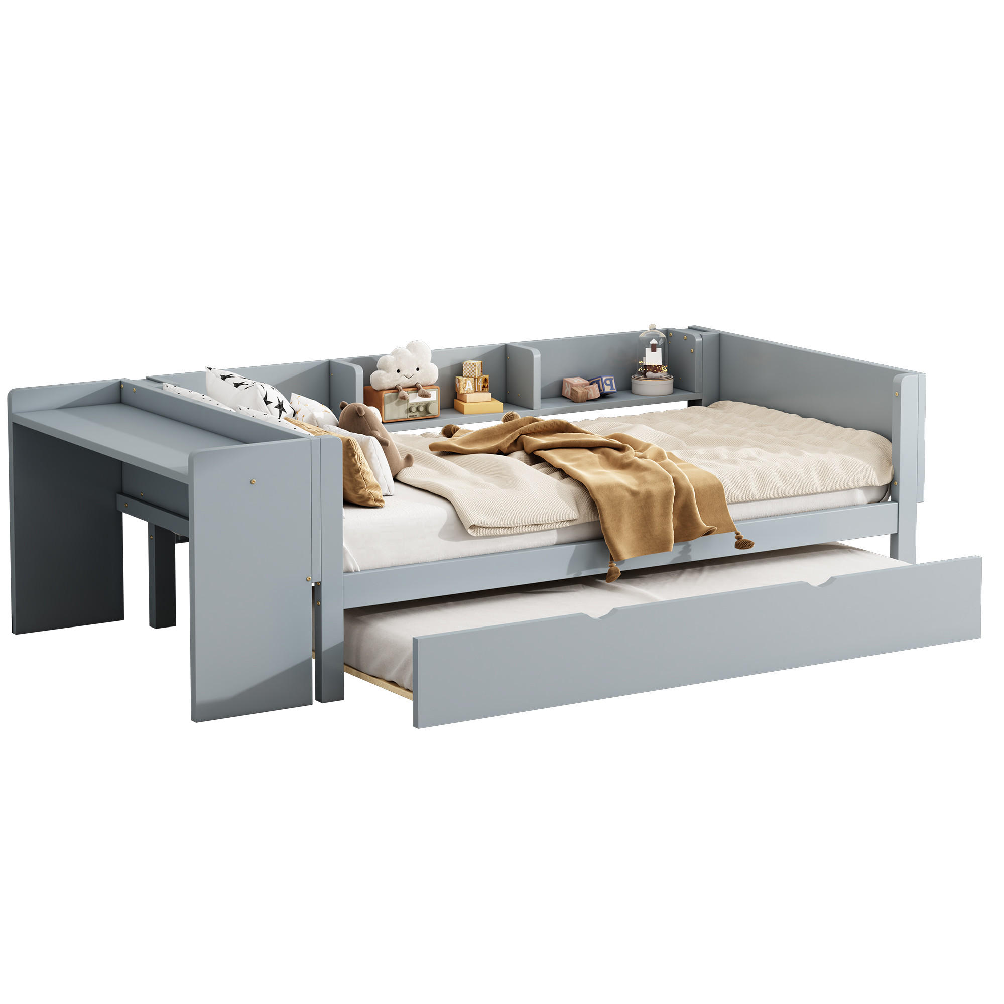 FLACHBETT 90/200 cm Grau mit ausziehbarem Bett und Schreibtisch aus Kiefernholz und MDF - Grau, Holz (90/200cm) - OKWISH