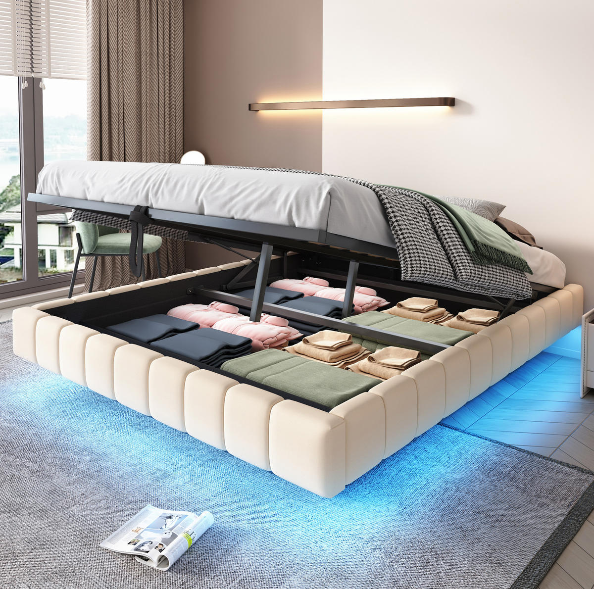 POLSTERBETT mit Bettkasten 160/200 cm mit LED-Beleuchtung, schwebende Optik - Beige, Textil (160/200cm) - BEAOK