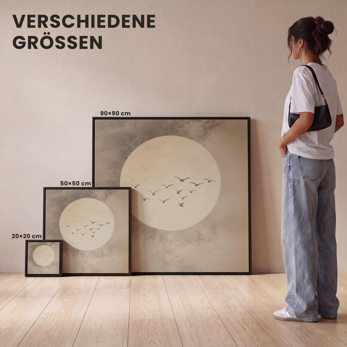 LEINWAND Bilder mit Rahmen - Vogel - Beige - Japanisch - 20x20 - Taupe, Textil (20/20cm) - MuchoWow