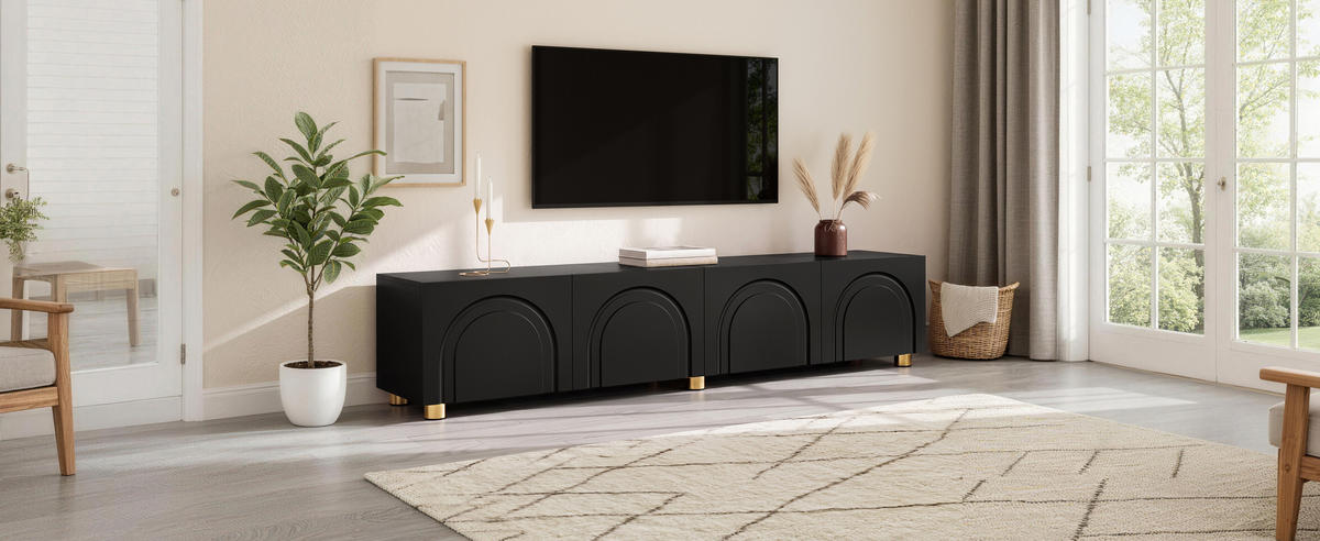 TV-SCHRANK Schwarz 180/35/40 cm, 4 Türen, Bogenrelief, Metallfüße - Schwarz, Holzwerkstoff (180/40/35cm) - PANGIVO