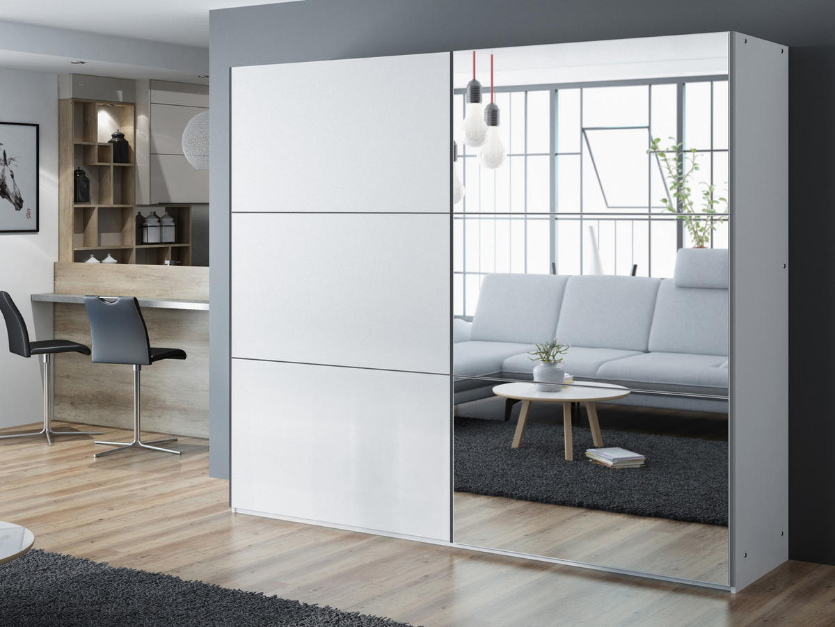 SCHWEBETÜRENSCHRANK IVERN 250/215/65 cm 2-türig mit Spiegel Weiß - Weiß, Holzwerkstoff (250/215/65cm) - MASSENO