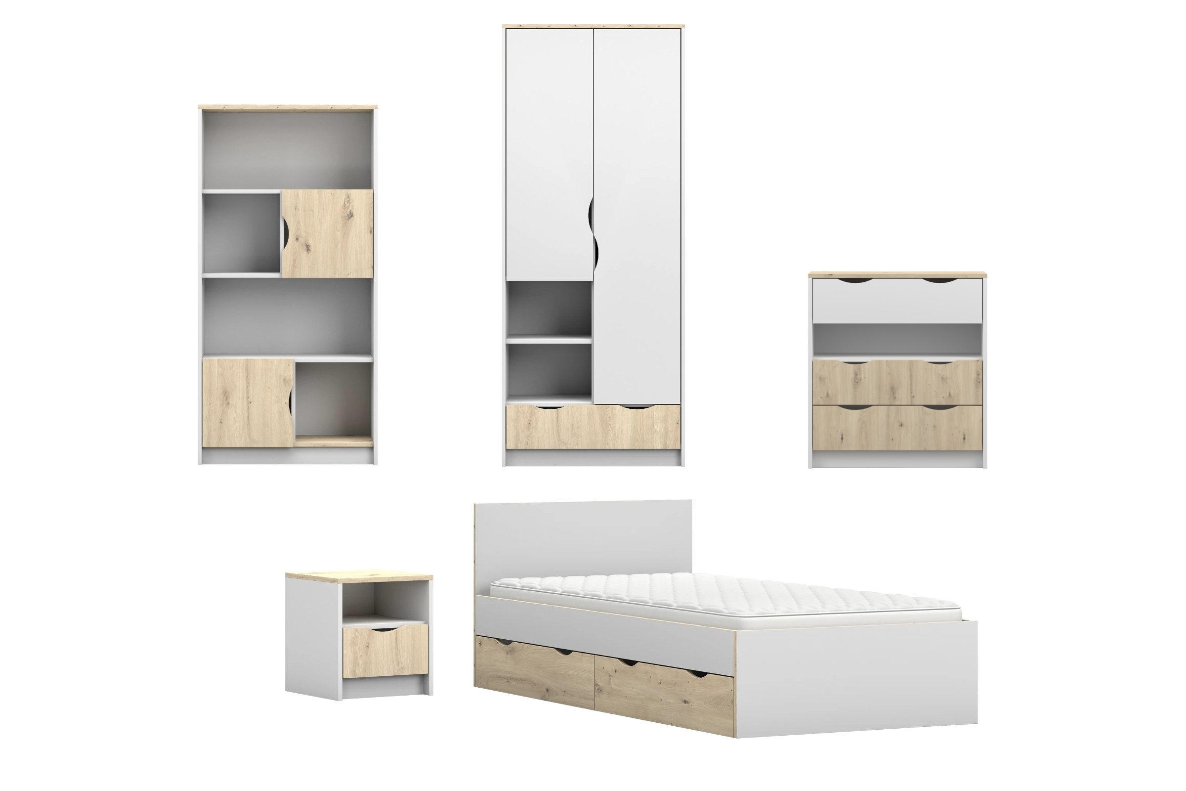 JUGENDZIMMER-SET JUMI B 5-teilig in Weiß/Eiche Artisan - Weiß/Eiche Artisan, Holzwerkstoff (374/193/205cm) - Deine Möbel 24