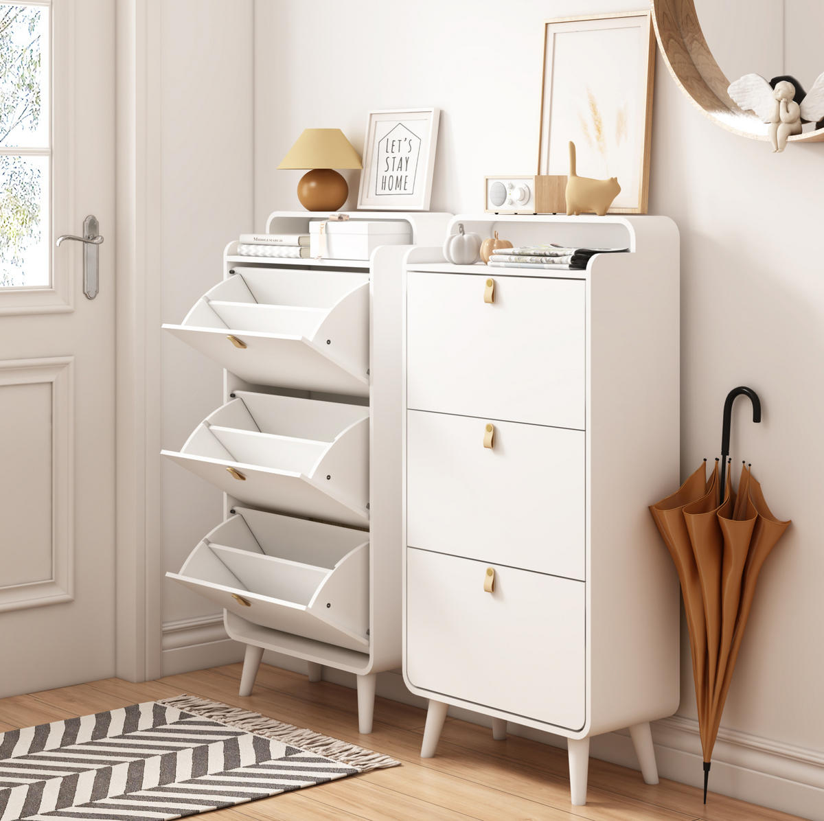 SCHUHSCHRANK mit 3 Klappen in Weiß – schmales Design mit Oberboden - Weiß, Holzwerkstoff (63/133.7/29.5cm) - BEAOK