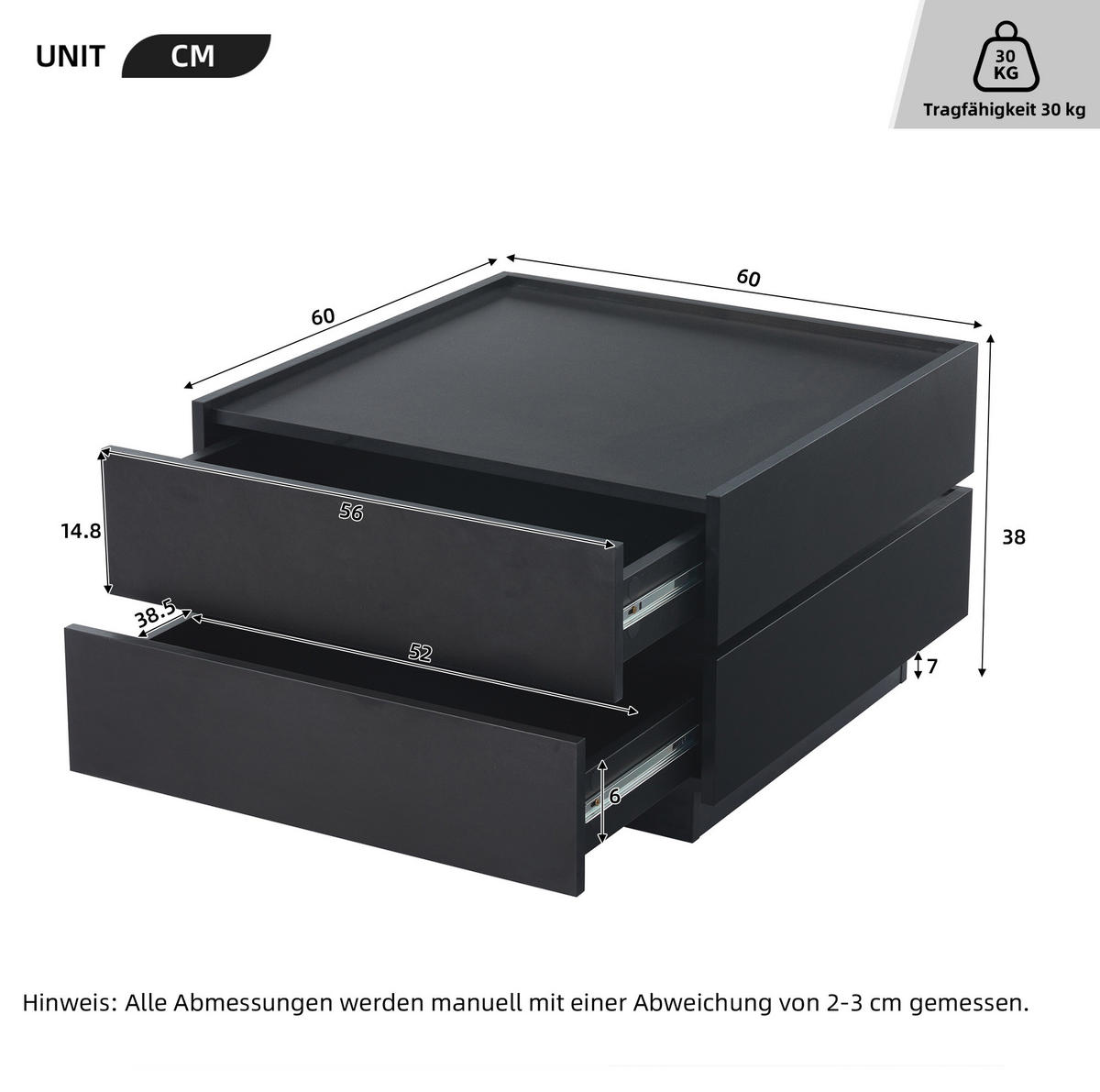 COUCHTISCH aus Spanplatte 60x60x38 cm Schwarz mit 360° drehbarer Tischplatte, 2 Schubladen und umlaufendem Kantenschutz - Schwarz, Holzwerkstoff (60/60/38cm) - Modfu