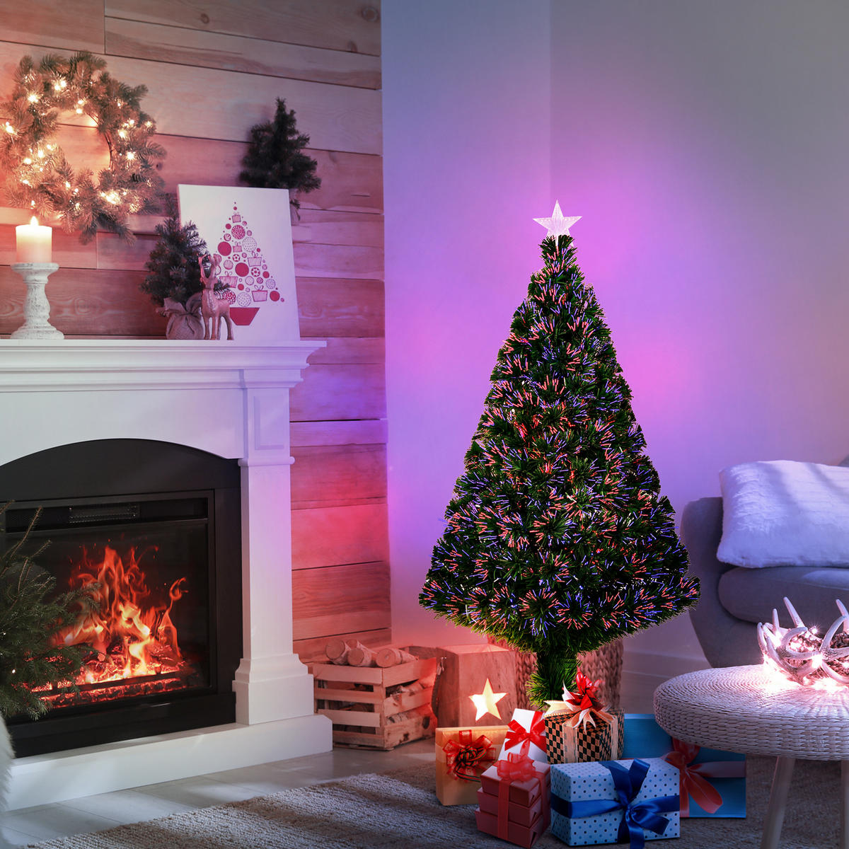 WEIHNACHTSBAUM Tannenbaum Christbaum LED Lichtfaser Baum Stern 8 Modell - Grün, Metall (120cm) - HOMCOM